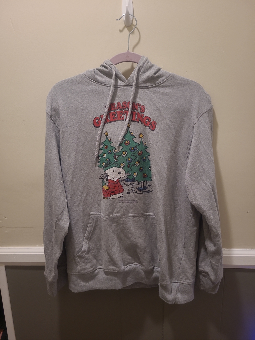 Peanuts Snoopy Christmas Hoody Gray Pullover Hooded Sweatshirt Woodstock Large